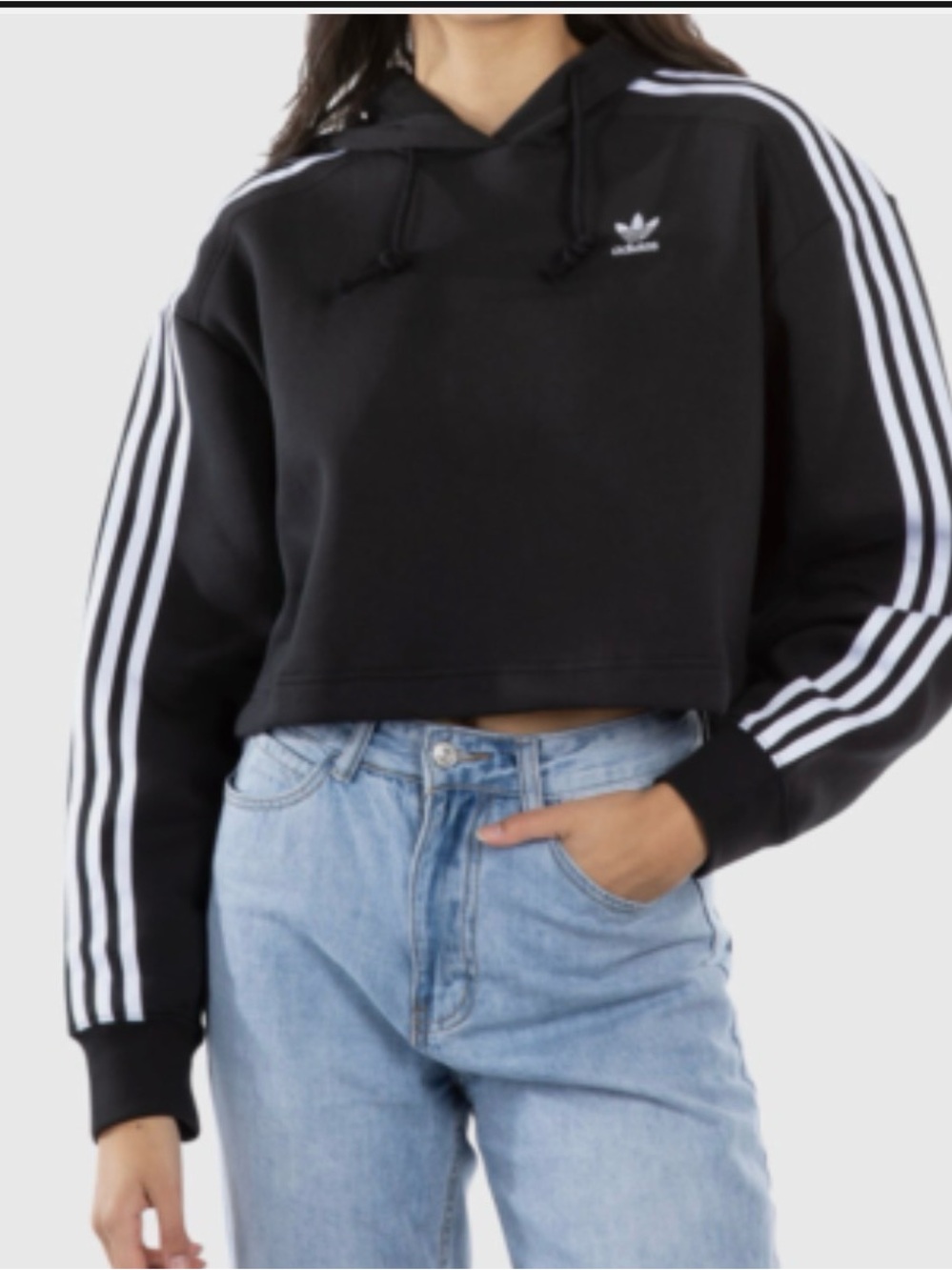 adidas Black Cropped Hoodie with White Stripe Sleeves